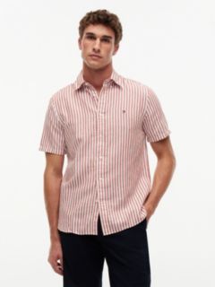Regular Fit Striped Cotton-Linen Shirt — Rusty Ochre/White Stripe 1