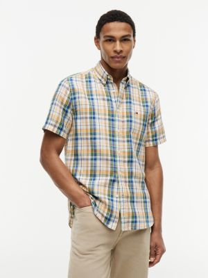 Classic Fit Cotton-Linen Madras Shirt, Ivory Petal / Check