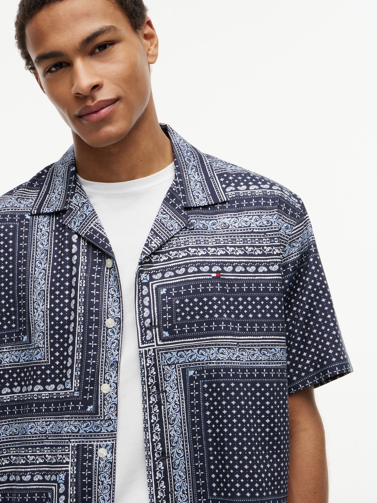 Classic Fit Bandana Patchwork Camp Shirt — Carbon Navy