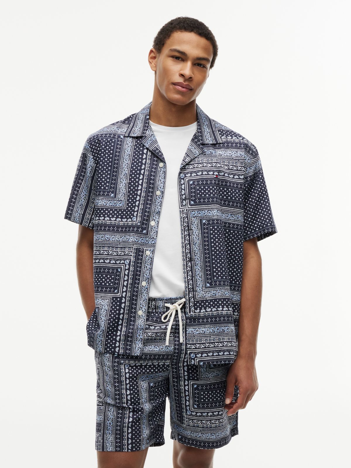 Classic Fit Bandana Patchwork Camp Shirt — Carbon Navy
