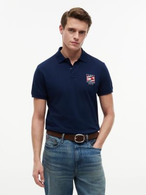 Regular Fit Wavy Flag Smooth Cotton Polo, Carbon Navy