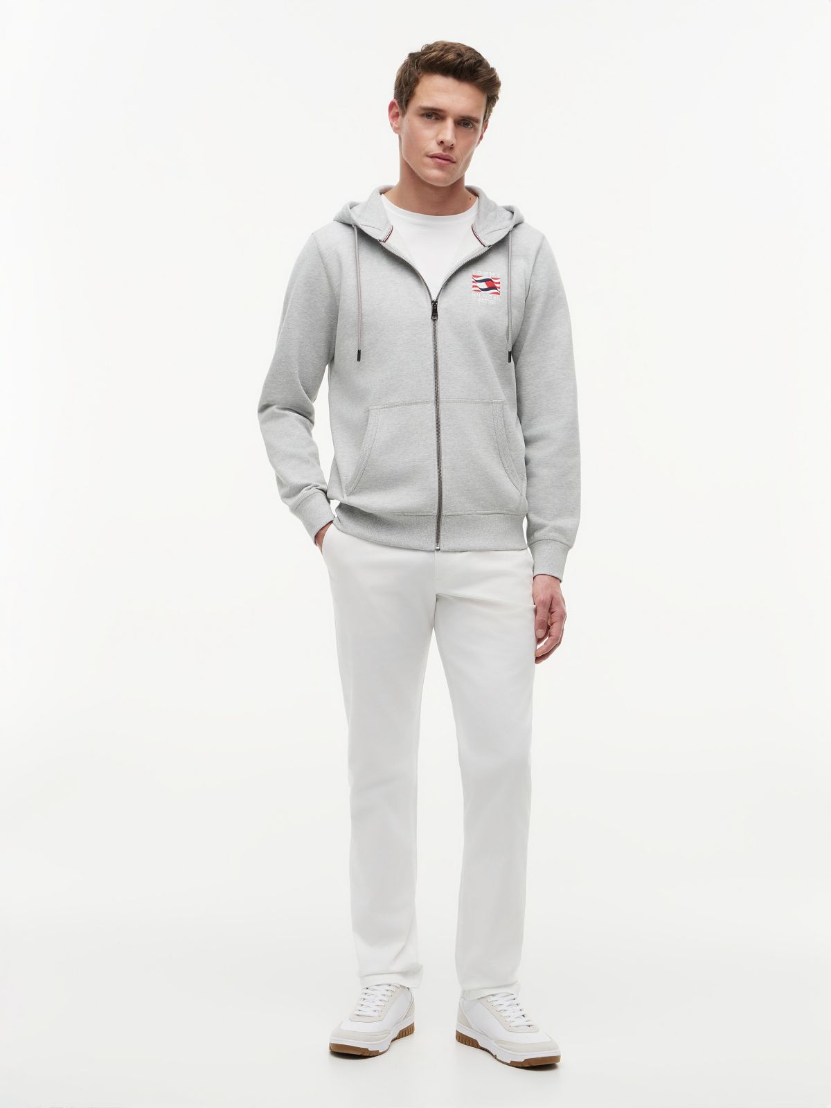 Embroidered Wavy Flag Logo Zip Hoodie — Light Grey Heather