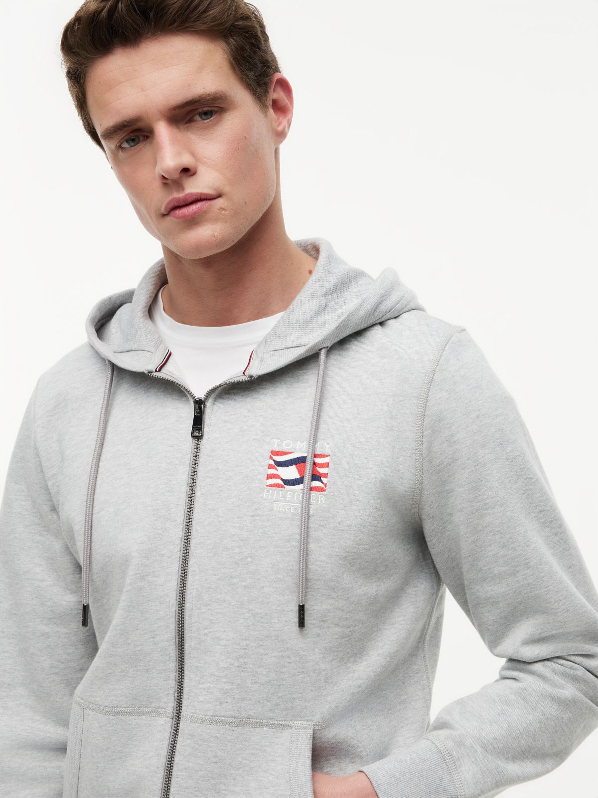 Embroidered Wavy Flag Logo Zip Hoodie — Light Grey Heather