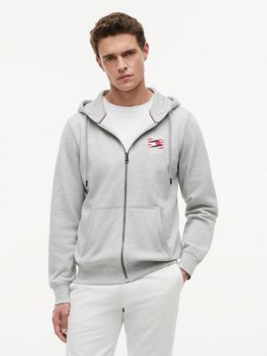 Embroidered Wavy Flag Logo Zip Hoodie, Light Grey Heather