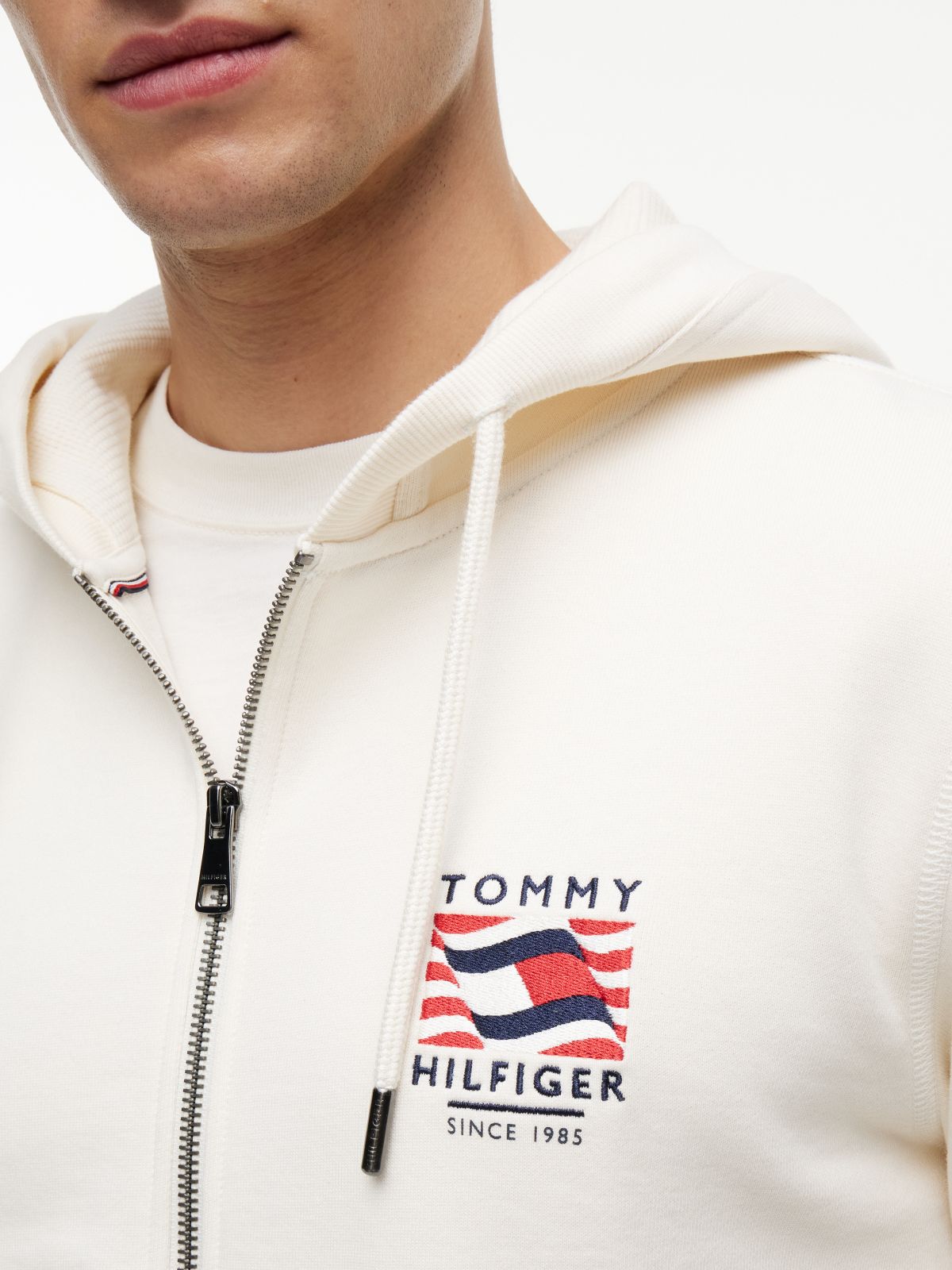 Embroidered Wavy Flag Logo Zip Hoodie — Ivory Petal