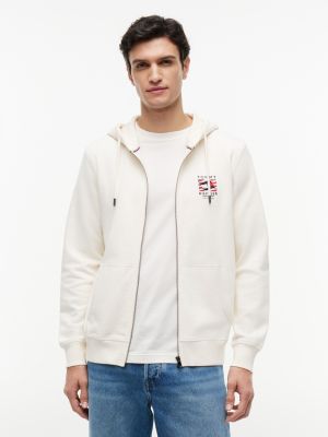 Embroidered Wavy Flag Logo Zip Hoodie, Ivory Petal