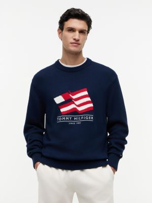 Relaxed Wavy Flag Logo Crewneck Sweater, Light Navy