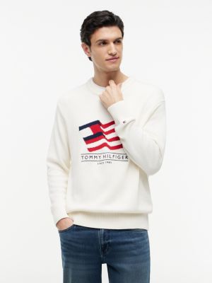 Relaxed Wavy Flag Logo Crewneck Sweater, Ivory Petal