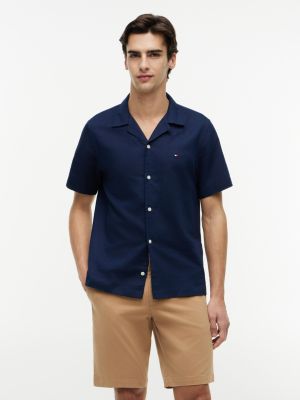 Regular Fit Cotton-Linen Camp Shirt, Carbon Navy
