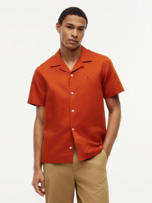 Regular Fit Cotton-Linen Camp Shirt, Rusty Ochre