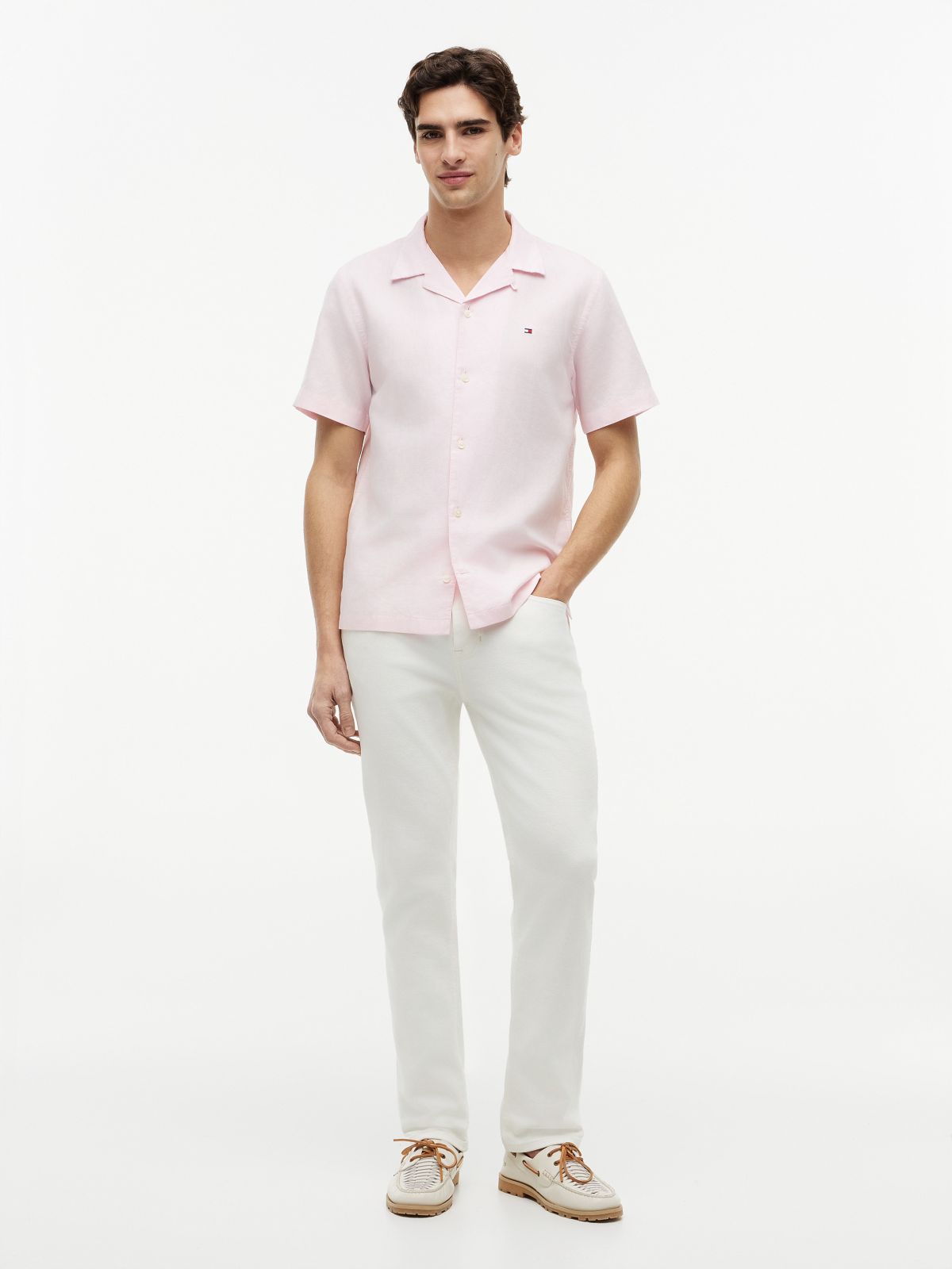 Regular Fit Cotton-Linen Camp Shirt — Pink Lily