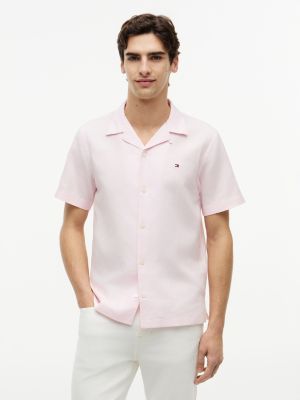 Regular Fit Cotton-Linen Camp Shirt, Pink Lily