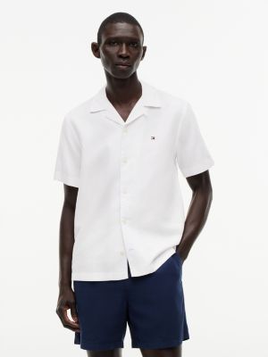 Regular Fit Cotton-Linen Camp Shirt, White