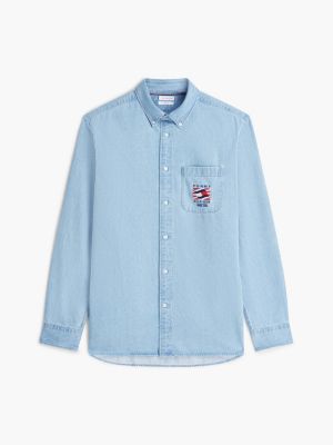 Мужские рубашки Tommy Hilfiger Relaxed Fit Wavy Flag Logo Denim Shirt — фото 5