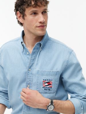 Мужские рубашки Tommy Hilfiger Relaxed Fit Wavy Flag Logo Denim Shirt — фото 3