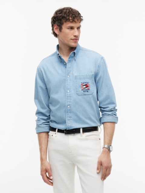 Мужские рубашки Tommy Hilfiger Relaxed Fit Wavy Flag Logo Denim Shirt