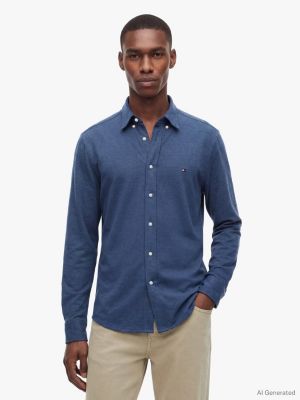 Slim Fit Lightweight Pique Knit Shirt, Dark Blue Heather