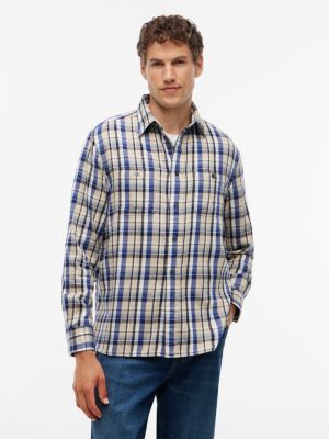 Classic Fit Plaid Flannel Twill Shirt, Ivory Silk