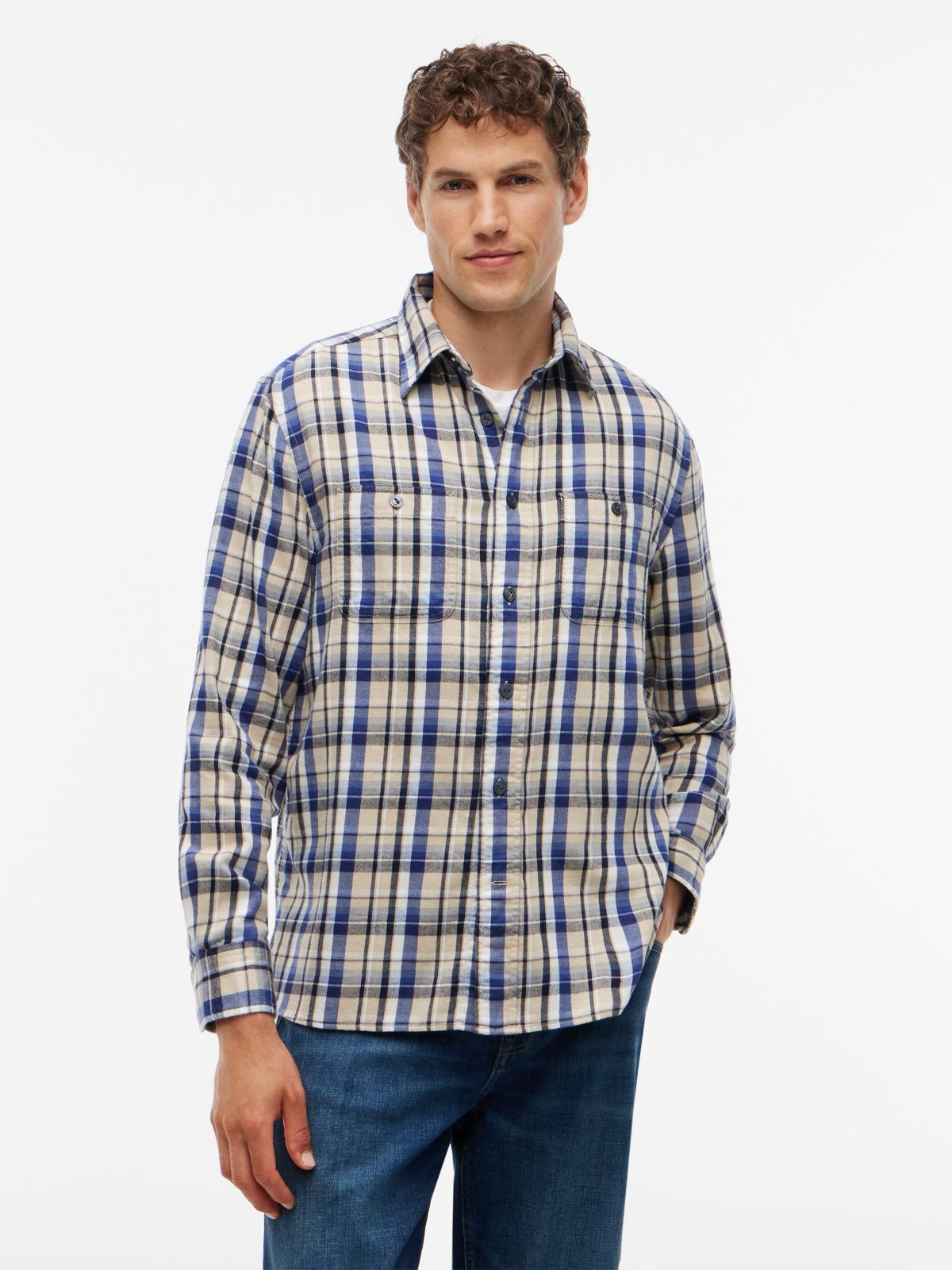 Classic Fit Plaid Flannel Twill Shirt — Ivory Silk/Check