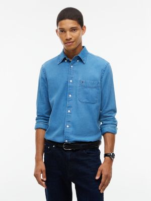 Regular Fit Indigo-Dyed Dobby Shirt, Indigo Blue