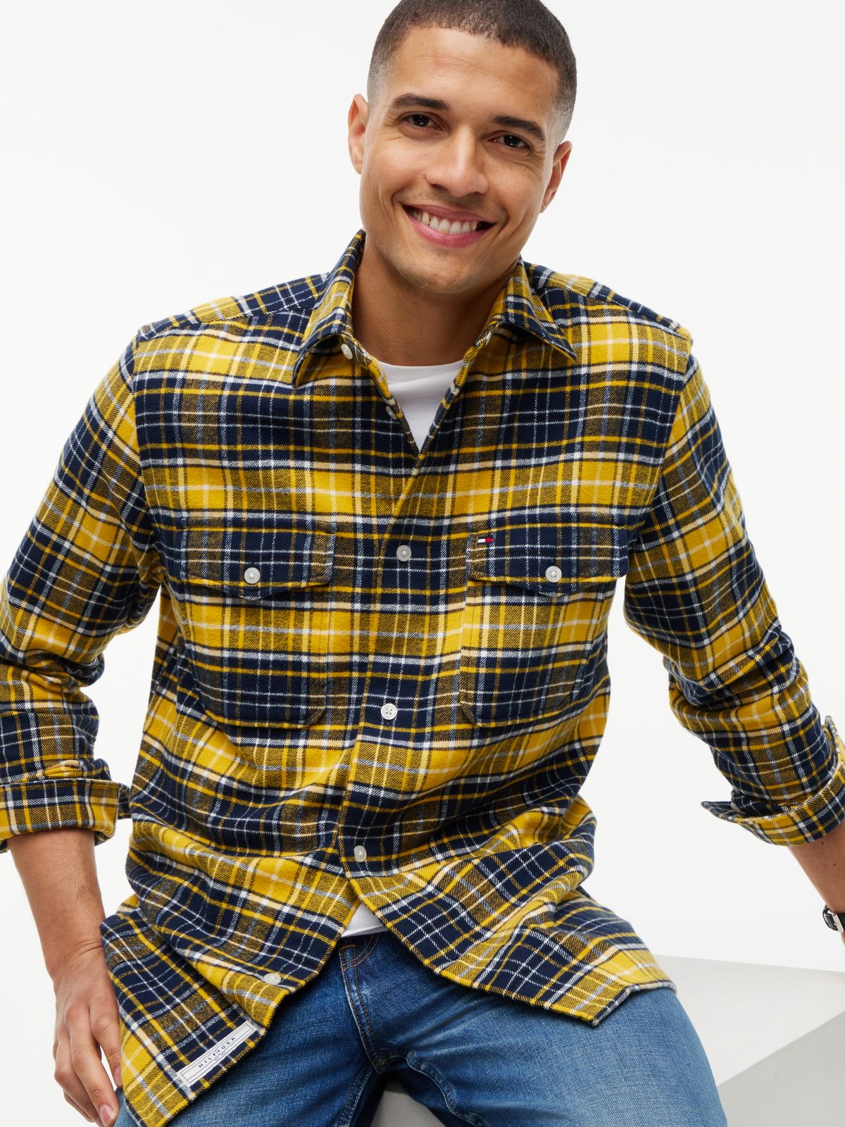 Classic Fit Plaid Flannel Overshirt — Carbon Navy/Yellow Check