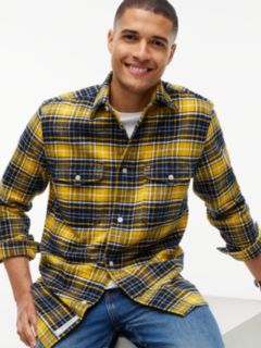 Classic Fit Plaid Flannel Overshirt — Carbon Navy/Yellow Check 3