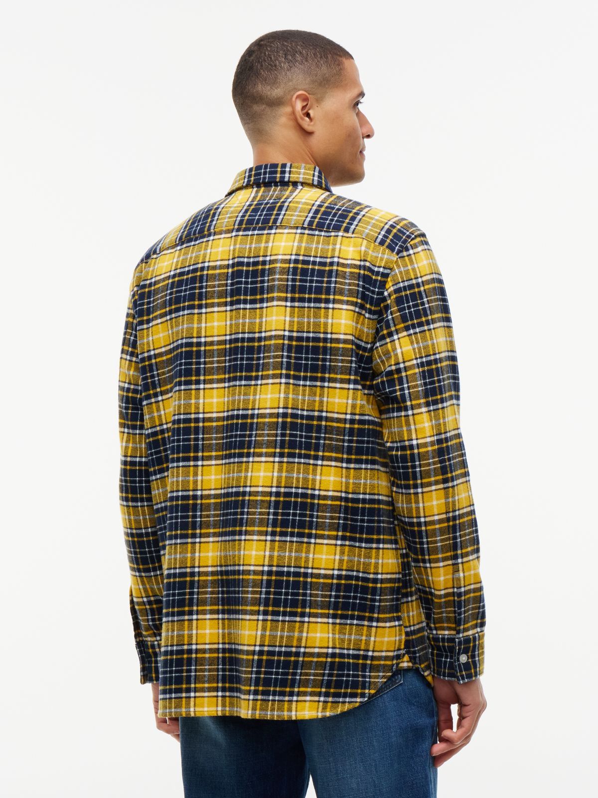Classic Fit Plaid Flannel Overshirt — Carbon Navy/Yellow Check