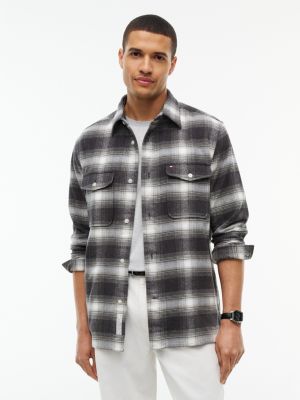 Classic Fit Plaid Flannel Overshirt, Grey Heather