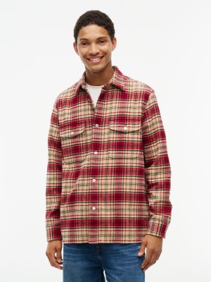 Classic Fit Plaid Flannel Overshirt, Medium Red/Light Tan Check