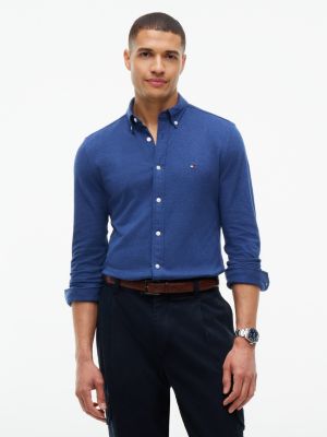 Мужская рубашка Tommy Hilfiger Slim Fit Pique Knit, цвет: Тёмный синий меланжевый — фото 1