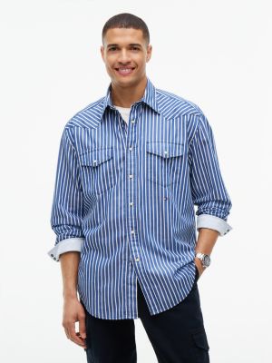 Relaxed Fit Indigo-Striped Western Shirt, Indigo Blue
