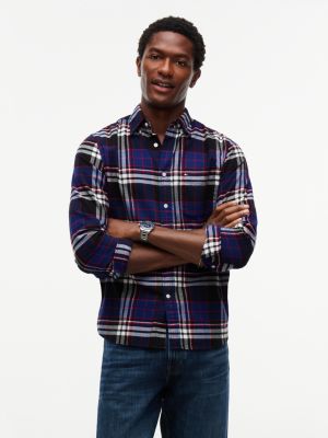 Regular Fit Plaid Flannel Twill Shirt, Navy Blue