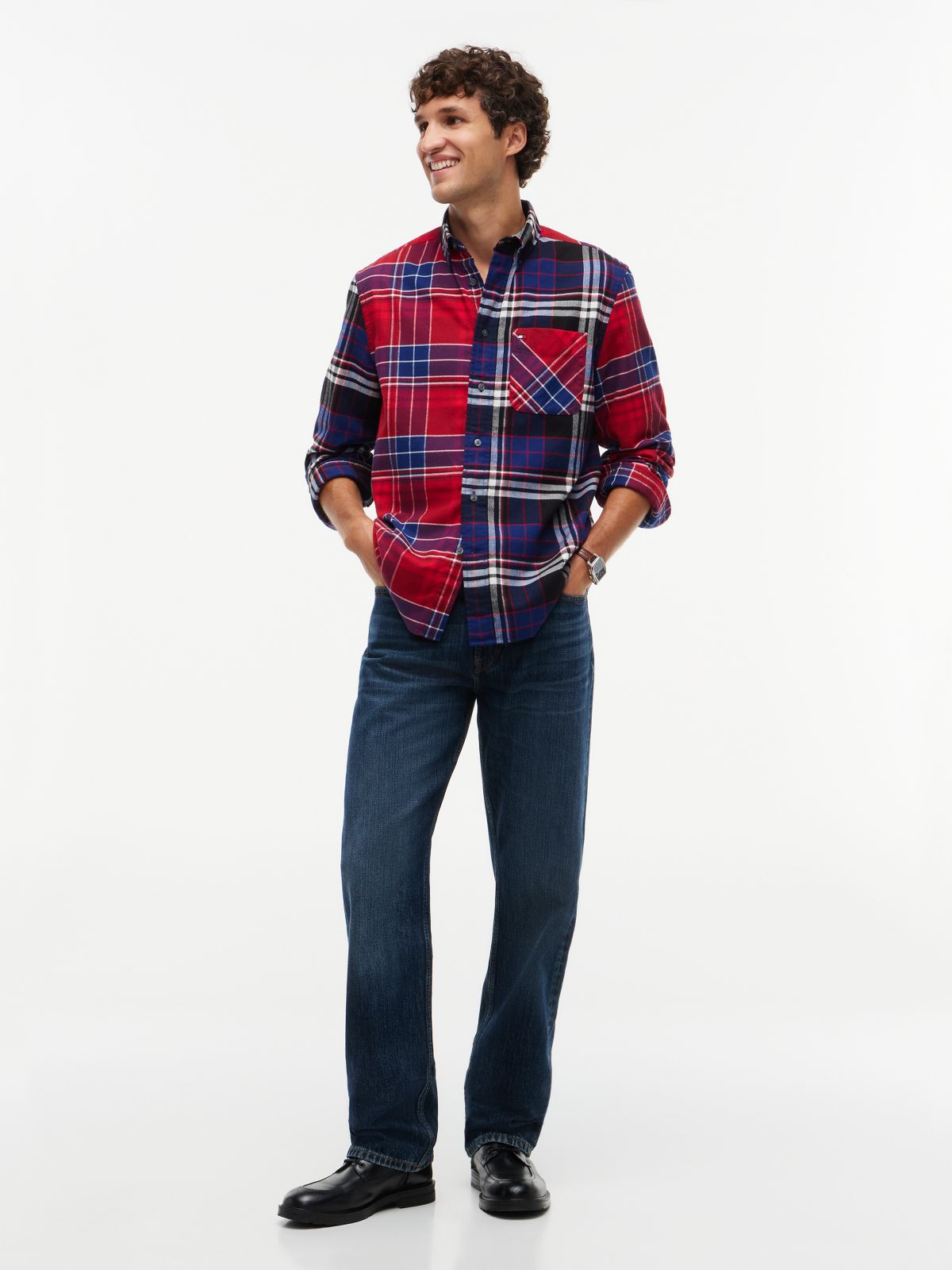 Classic Fit Mixed-Plaid Flannel Shirt — Regatta Red/Navy Blue Multi