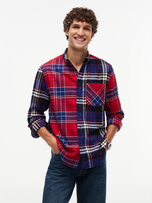 Classic Fit Mixed-Plaid Flannel Shirt, Regatta Red