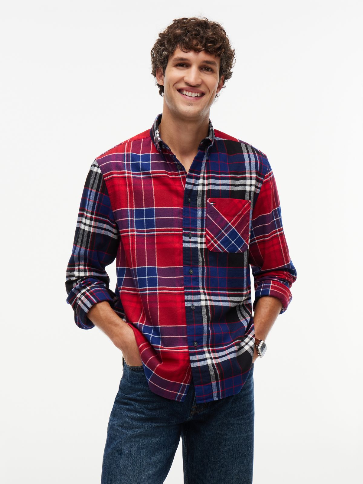 Classic Fit Mixed-Plaid Flannel Shirt — Regatta Red/Navy Blue Multi