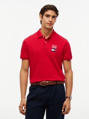 Regular Fit Flag Graphic Pique Polo, Medium Red