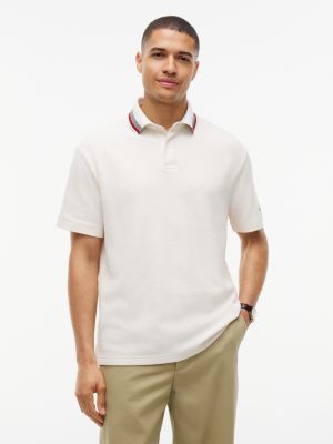 Regular Fit Stripe-Collar Waffled Polo, Ivory Petal