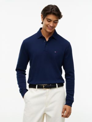 Regular Fit Long-Sleeve Waffled Polo, Carbon Navy