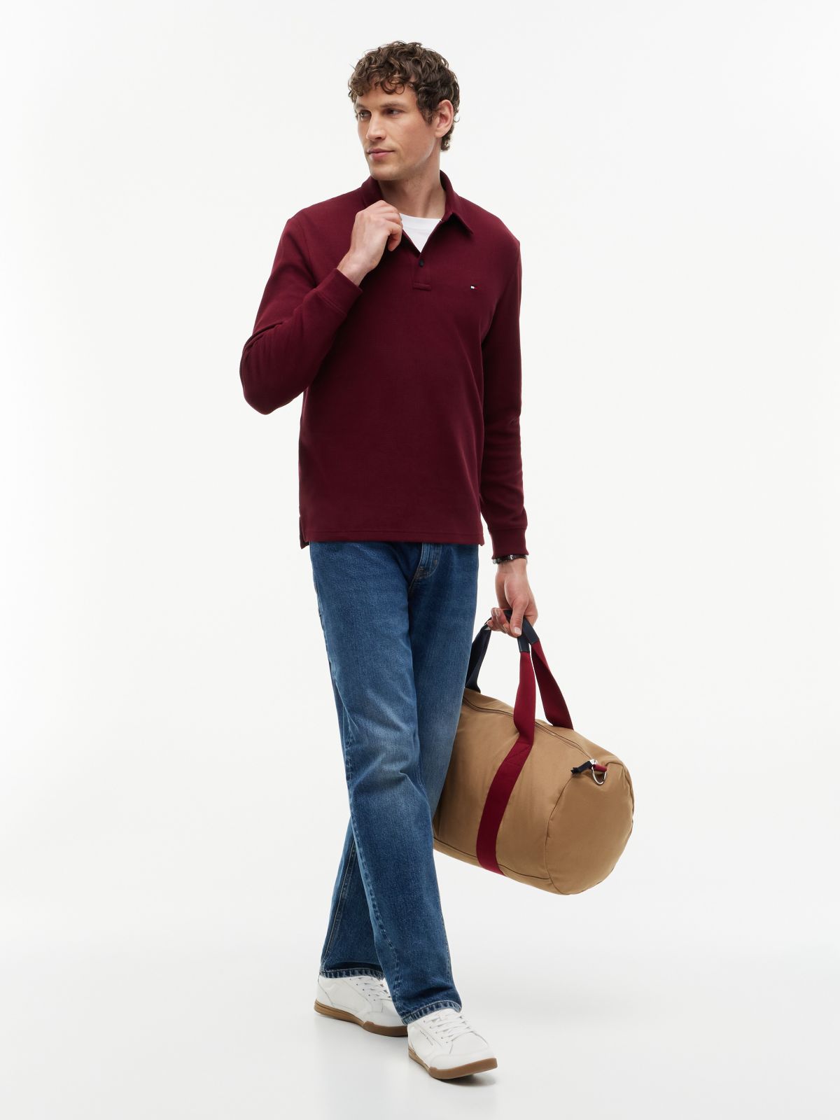 Regular Fit Long-Sleeve Waffled Polo — Burgundy