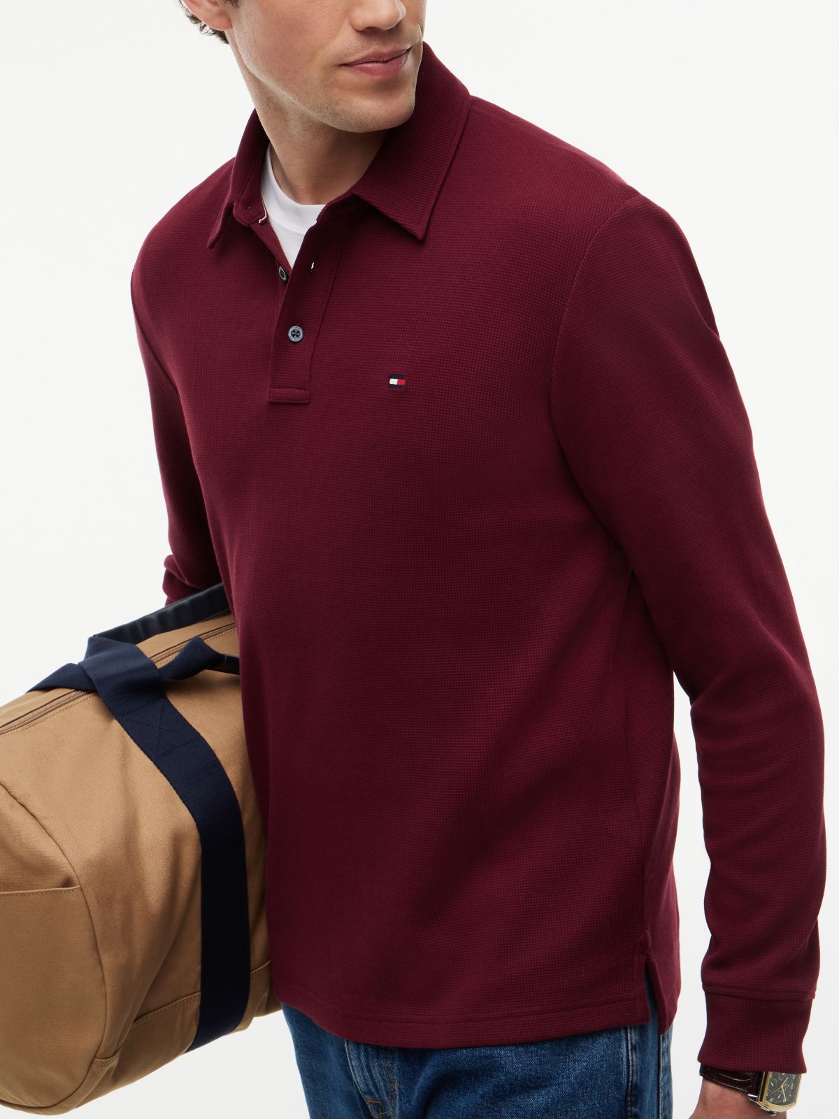Regular Fit Long-Sleeve Waffled Polo — Burgundy