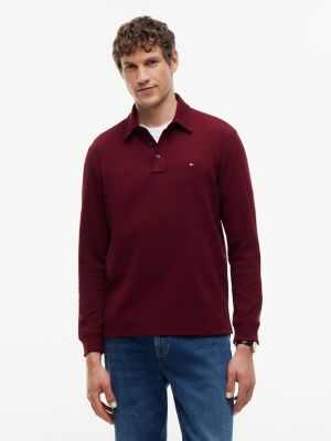 Regular Fit Long-Sleeve Waffled Polo, Burgundy