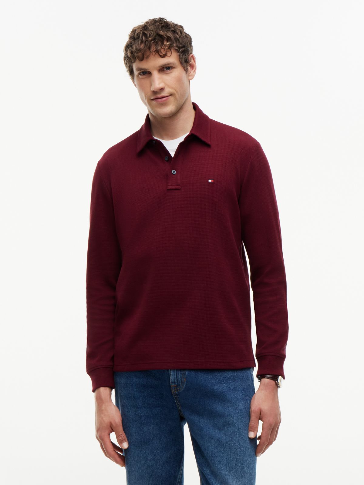 Regular Fit Long-Sleeve Waffled Polo — Burgundy