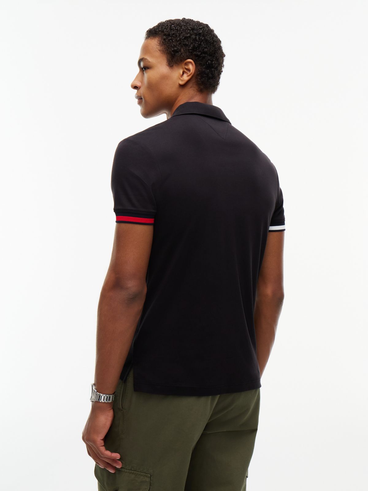 Slim Fit Flag Cuff Smooth Cotton Polo — Black