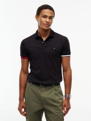 Slim Fit Flag Cuff Smooth Cotton Polo, Black