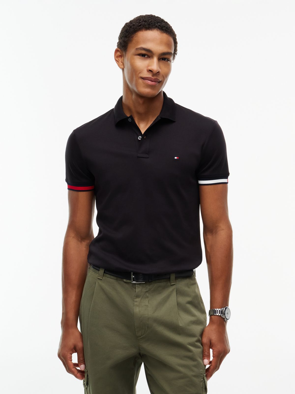 Slim Fit Flag Cuff Smooth Cotton Polo — Black