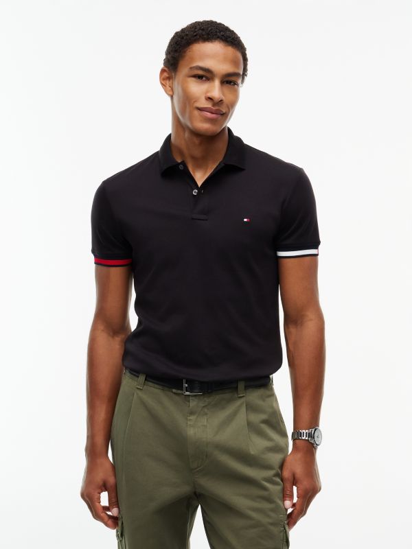 Slim Fit Flag Cuff Smooth Cotton Polo — Black