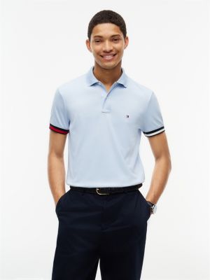 Slim Fit Flag Cuff Smooth Cotton Polo, Sky Blue