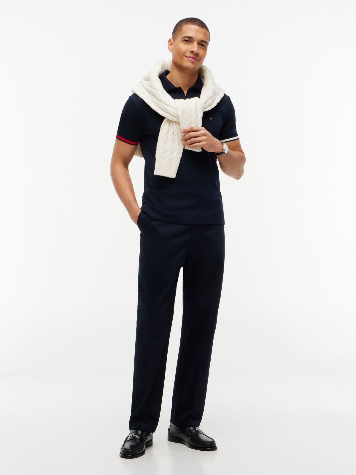 Slim Fit Flag Cuff Smooth Cotton Polo — Navy Blue