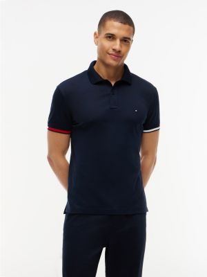 Slim Fit Flag Cuff Smooth Cotton Polo, Navy Blue