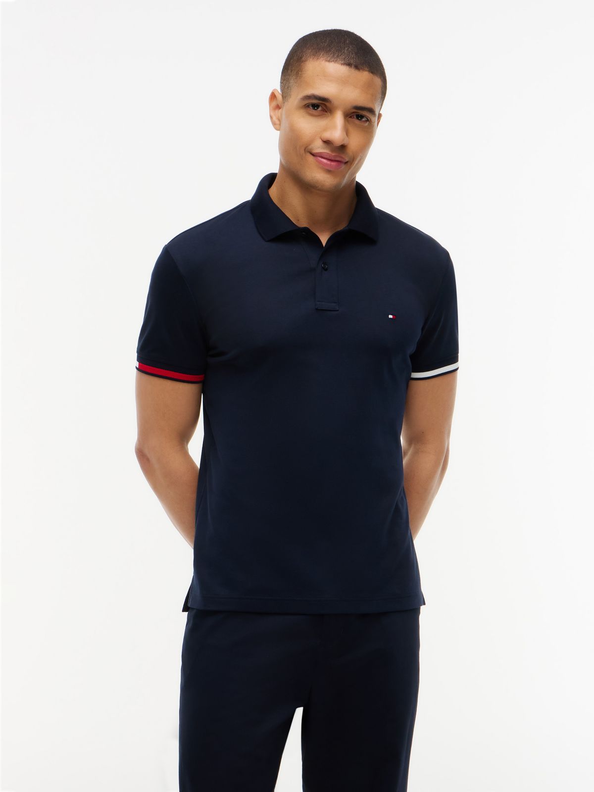 Slim Fit Flag Cuff Smooth Cotton Polo — Navy Blue